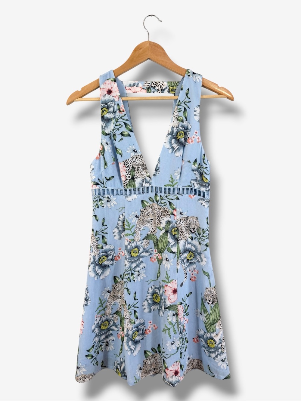 H&M Blue Fit & Flare Dress Size 6 Leopard Floral Sleeveless V-Neck Cutout Mini